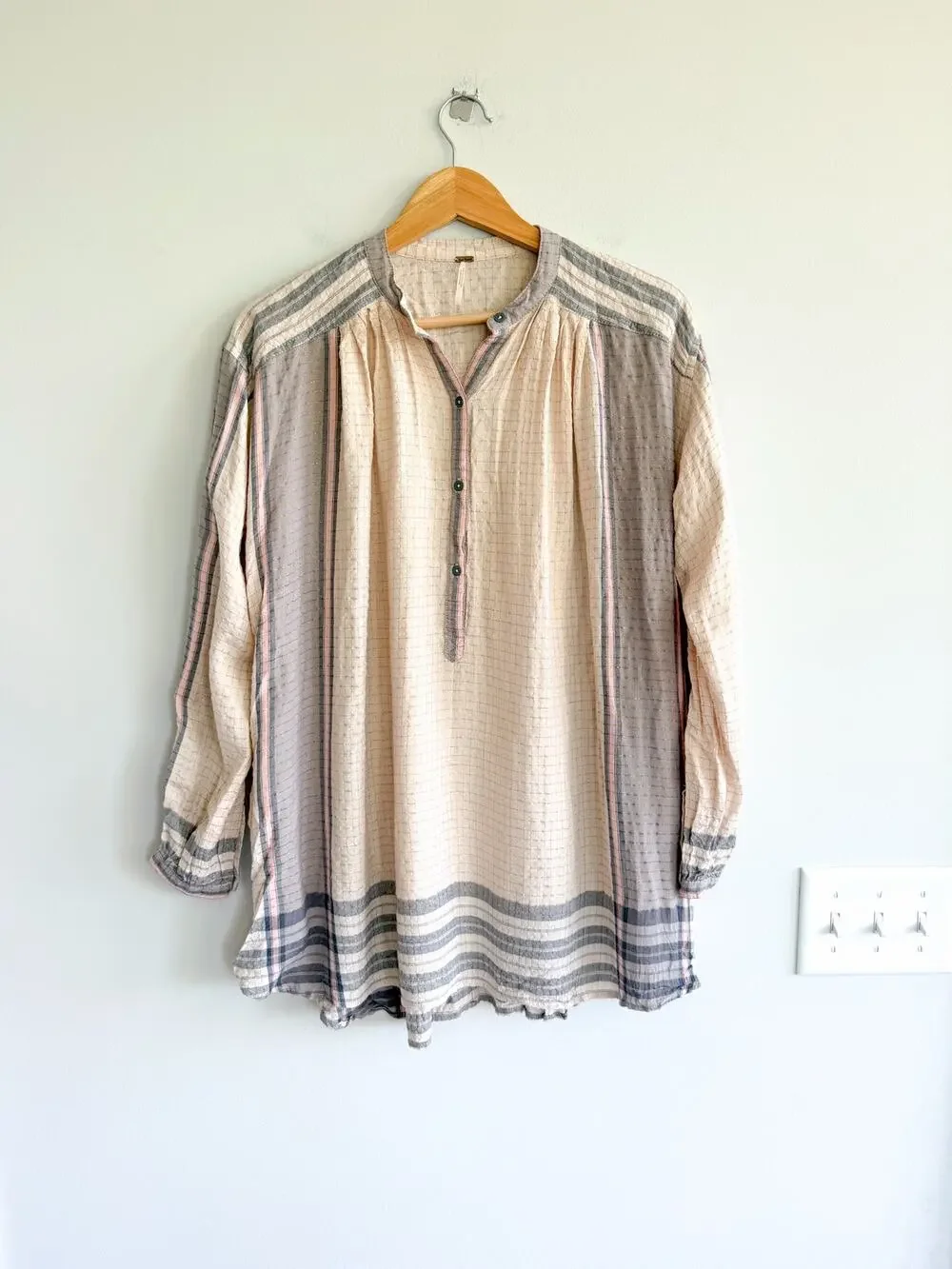 Free People Metallic Thread Long Sleeve Tunic Mini Dress Cream Gray XS